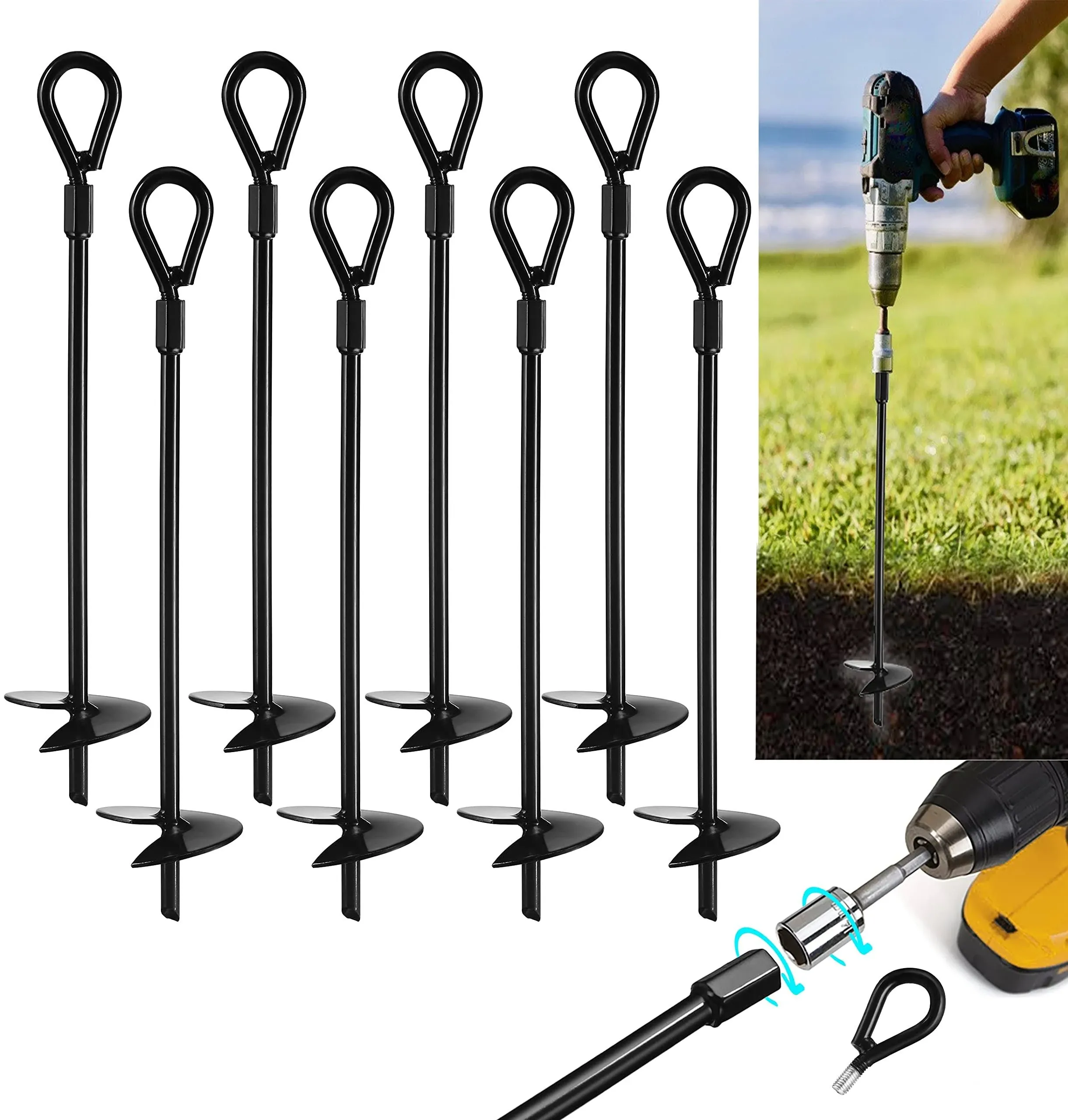 15” Ground Anchors (8Pcs) Easy to Use with Drill, 3&#034; Helix Diameter, Heavy Duty