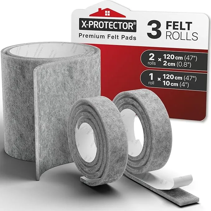 Grey Felt Furniture Pads 3 PCS by X-Protector - (One) 47"x4" and (Two) 47"х0.8" - Multi-Purpose Felt Strips with Adhesive Backing - Felt Tape - Premium Felt Roll - Sticky Felt for Surface Protection and DIY!