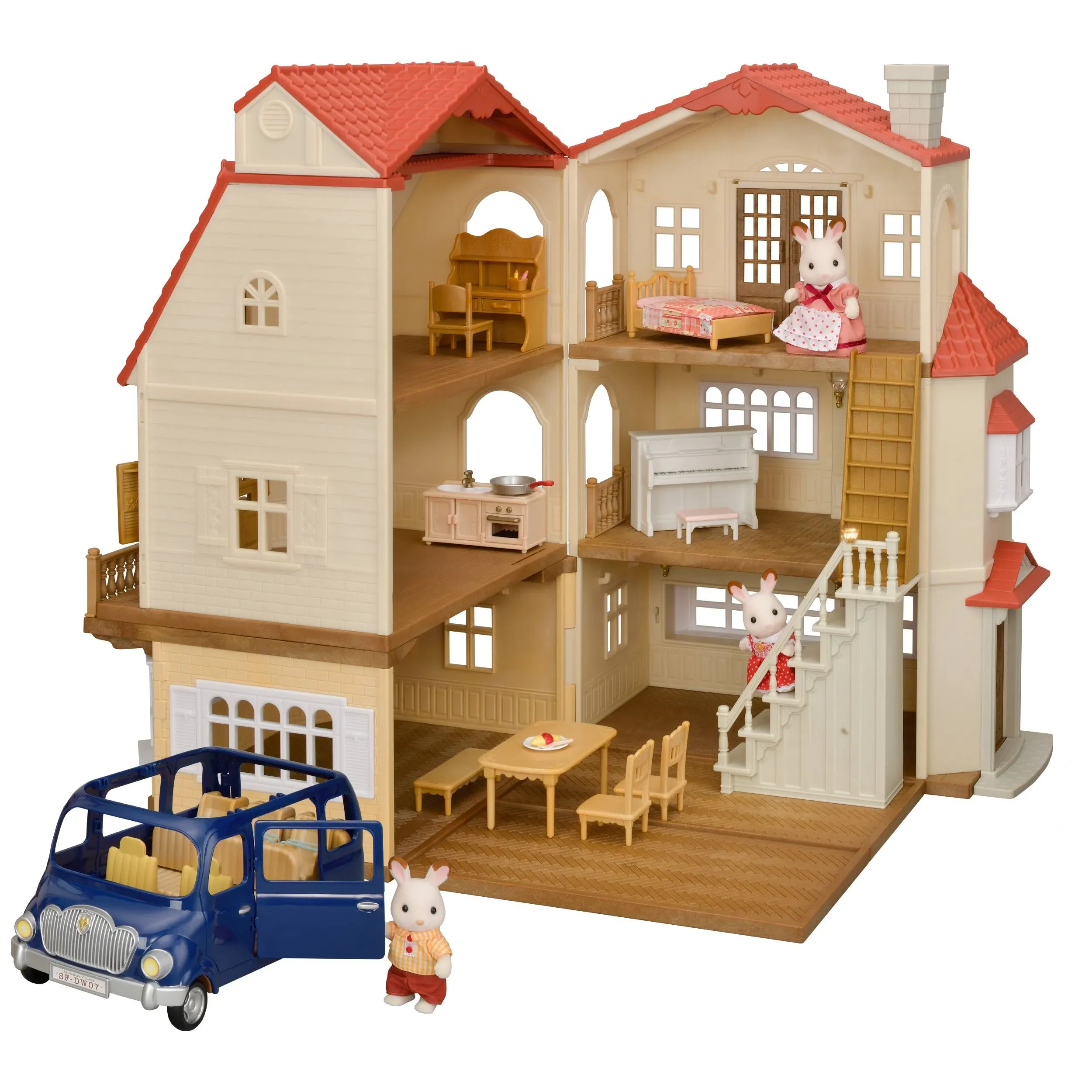 Calico Critters Red Roof Grand Mansion Gift Set, Dollhouse Playset with 3 Figures, Furniture, Vehicle and Accessories