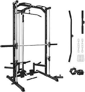 RitFit Smith Machine Power Rack with LAT-Pull Down System, Landmine, Barbell Bar, Plate Storage Pegs and More Training Attachment