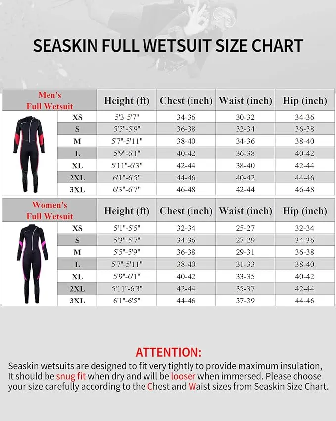 Seaskin Wetsuits for Men Women 3mm Front Zip Full Wetsuit