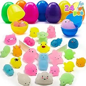 JOYIN 24 Pcs Pre Filled Easter Eggs with Glitter Mochi Squishy for Kids Easter Eggs Hunt, Kawaii Animal Stress Relief Toys for Easter Basket Stuffers,