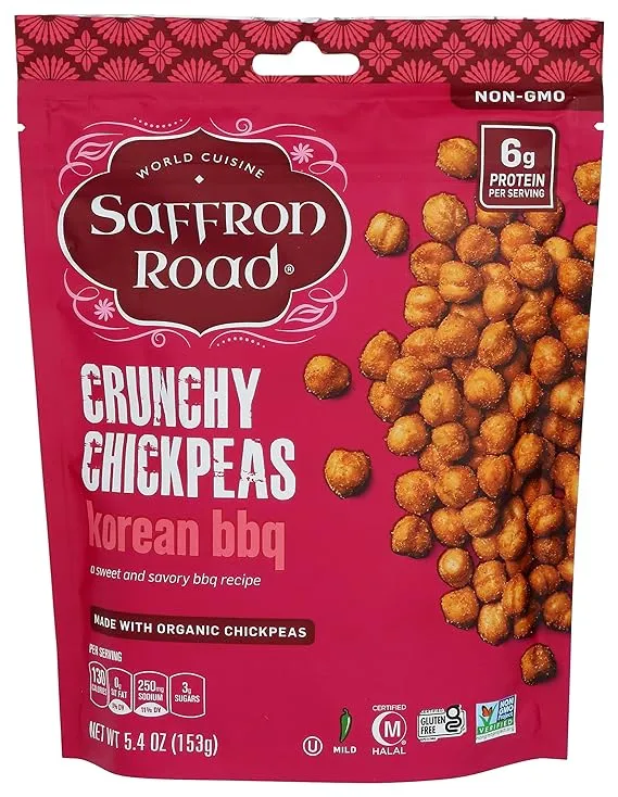 Saffron Road Organic Korean BBQ Crunchy Roasted Chickpea Snacks- 5.4oz 6-pack, Certified Gluten Free by GFCO, Non-GMO, Vegan Dried Crispy Chickpeas with Protein, Fiber