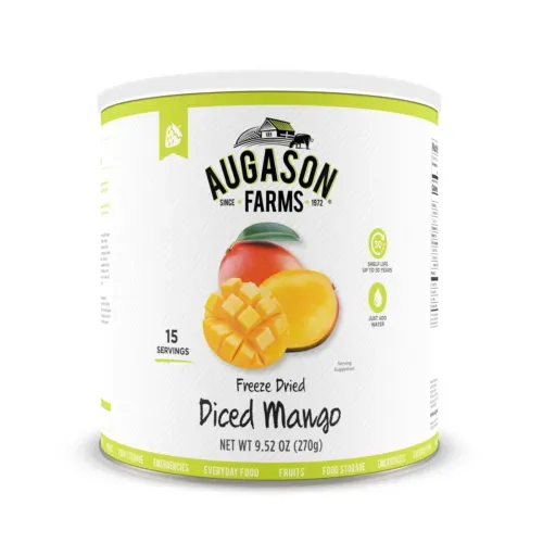 Augason farms freeze dried diced mango 9.52 oz no. 10 can.