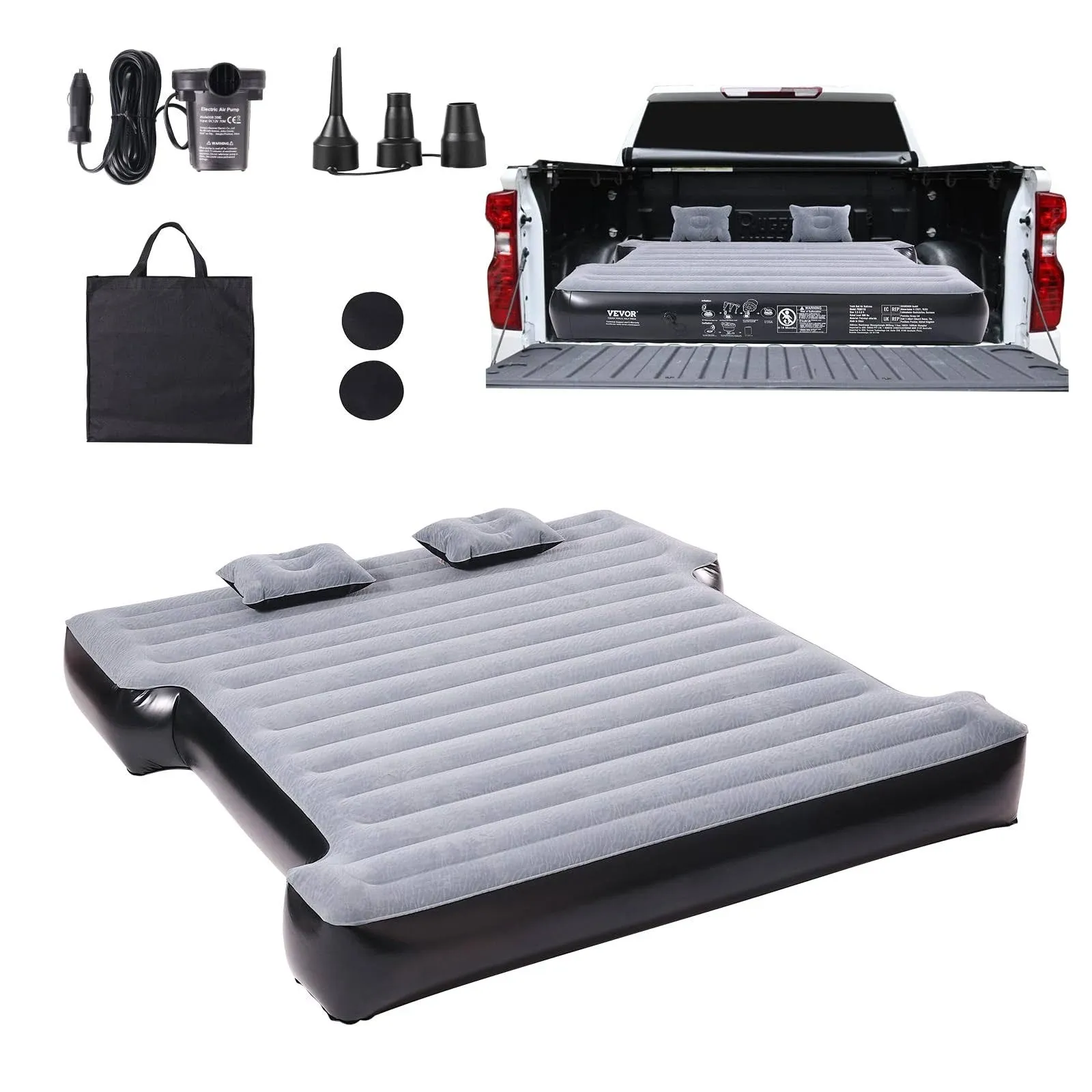 VEVOR Truck Bed Air Mattress, for 5.5-5.8 ft Full Size Short Truck Beds, Inflatable Air Mattress Bed with 12V Air Pump 2 Pillows, Carry Bag, for Silverado, RAM, F Series, Sierra, Titan, Tundra