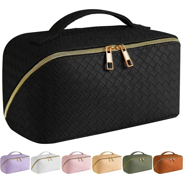 Large Capacity Travel Cosmetic Bag Makeup Bag, PU Leather Waterproof Cosmetic Bag, Women Portable Travel Makeup Bag With Handle and Divider Flat Lay