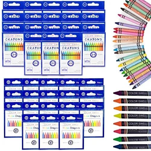 Color Swell Mixed Crayon Bulk Packs - 18 Boxes of Fun Neon Crayons and 18 Boxes of Regular Crayons