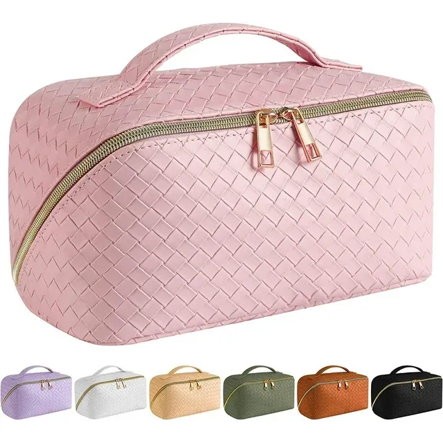 Large Capacity Travel Cosmetic Bag Makeup Bag, PU Leather Waterproof Cosmetic Bag, Women Portable Travel Makeup Bag With Handle and Divider Flat Lay