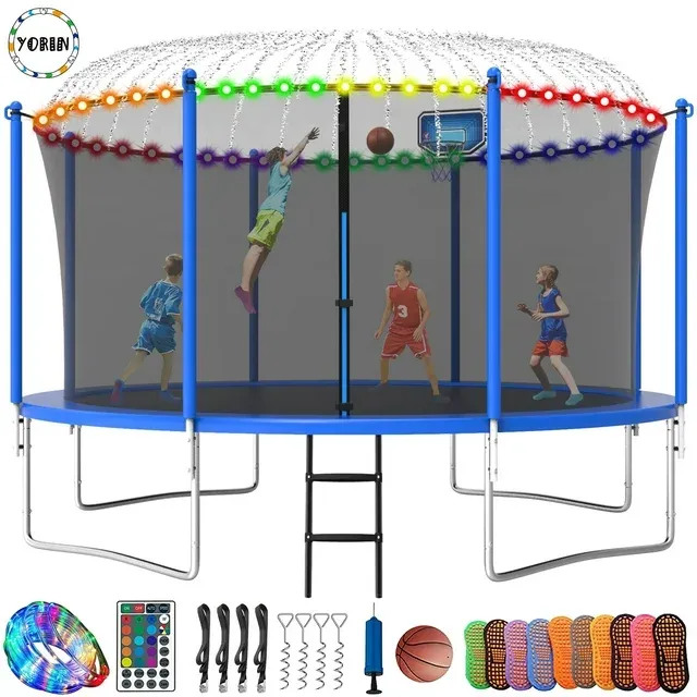 YORIN Trampoline, 14FT 1400LBS Trampoline for 7-8 Kids with Enclosure, Basketball Hoop for Adults/ Kids, Outdoor Trampoline with Sprinkler, LED Light, Socks, Ladder, Recreational Backyard Trampoline