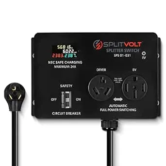 24 Amp Splitter Switch - Save Thousands on Home Electric Vehicle Charging (EV) Install, Automatic Power Switching Between Dryer and EV (NEMA 10-30 Plug to 10-30/14-50 Outlet, 240V)