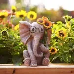 Outdoor Sculpture Statue Elephant Decor,Solar Garden Elephant with 2 LED Flowers Lights for Patio,Lucky Elephant Birthday Gifts for Women,Housewarming Decor