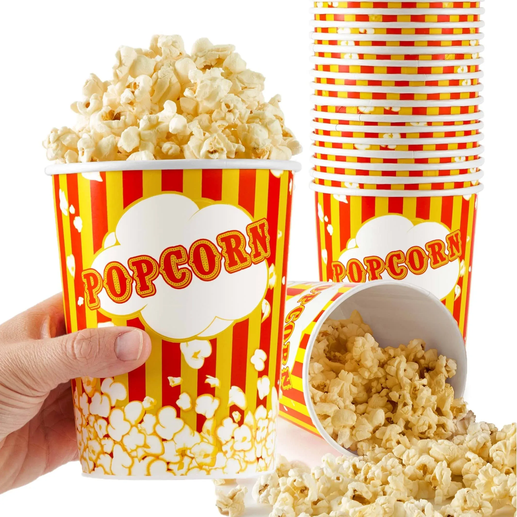 32 Oz Popcorn Buckets, Disposable Popcorn Containers (25 Count), Large Cups, Cardboard Bucket for Family Movie Night, Popcorn Tub, Vintage Bowls for Concession Stand, Carnival Supplies