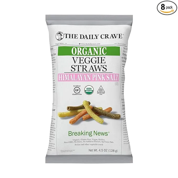 The Daily Crave Organic Veggie Straws, Crunchy Veggie with Himalayan Pink Salt, 4.5 Ounce (Pack Of 8) Gluten-Free, Vegan, Kosher, Crunchy