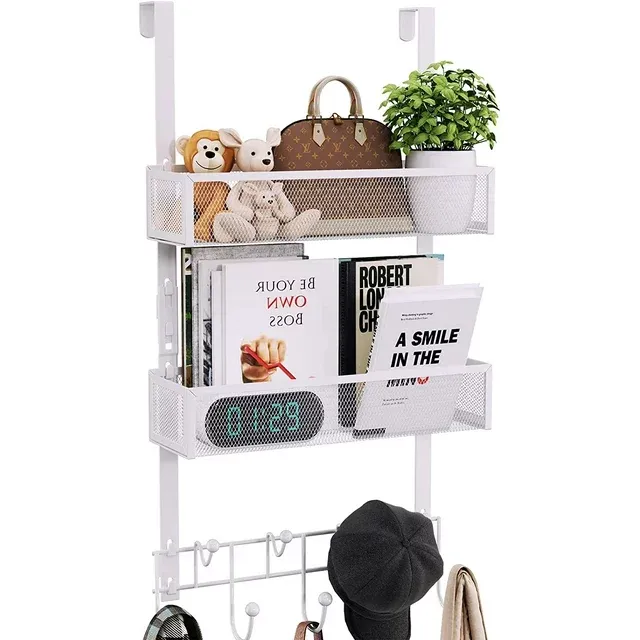 Consumest Over The Door Hooks Organizer, Door Hanger with 9 Coat Hooks & 2 Mesh Basket Hanging Storage Clothes, Rustproof Back of Door Storage Organizer for Barthroom, Kitchen, Bedroom (White)