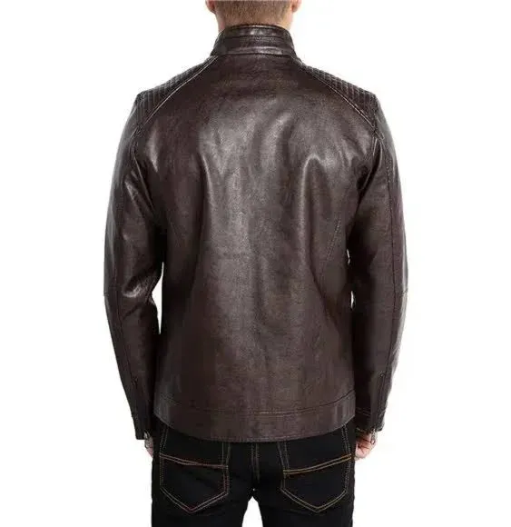 Men&#x27;s Stand Collar Leather Jacket Motorcycle Lightweight Faux Leather Outwear