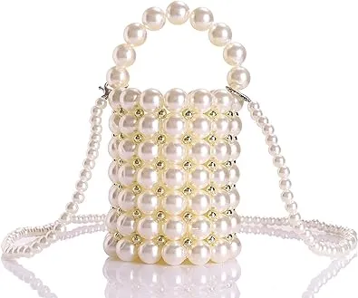 YIFEI Women Beaded Pearl Evening Bucket Handmade Bags with Detachable Chain for Wedding Party