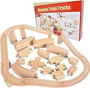 JOYIN 62 Pieces Wooden Train Track Set, Including 1 Thomas Magnetic Toy Train, Wooden Railway Set Compatible with Versatile Brands, Birthday Holiday Party Favor Gifts for Boys Girls 3-8 Years Old