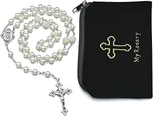 8mm Rosary Beads Necklace White Glass Pearl Catholic Prayer Alloy Cross Necklaces with Jesus Crucifix Fit for Girls Women Religious Gifts Rosaries(Customized velvet bag)