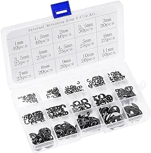 E-Clip 400Pcs 15-Size External Retaining Ring Carbon Steel Set Size: 1mm to 11mm