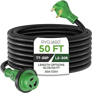 RVGUARD 30 Amp 50 Foot RV Power Extension Cord, Heavy Duty STW Cord with LED Power Indicator and Cord Organizer, 30 Amp Male Standard to 30 Amp Female Locking Connector, Green, ETL Listed