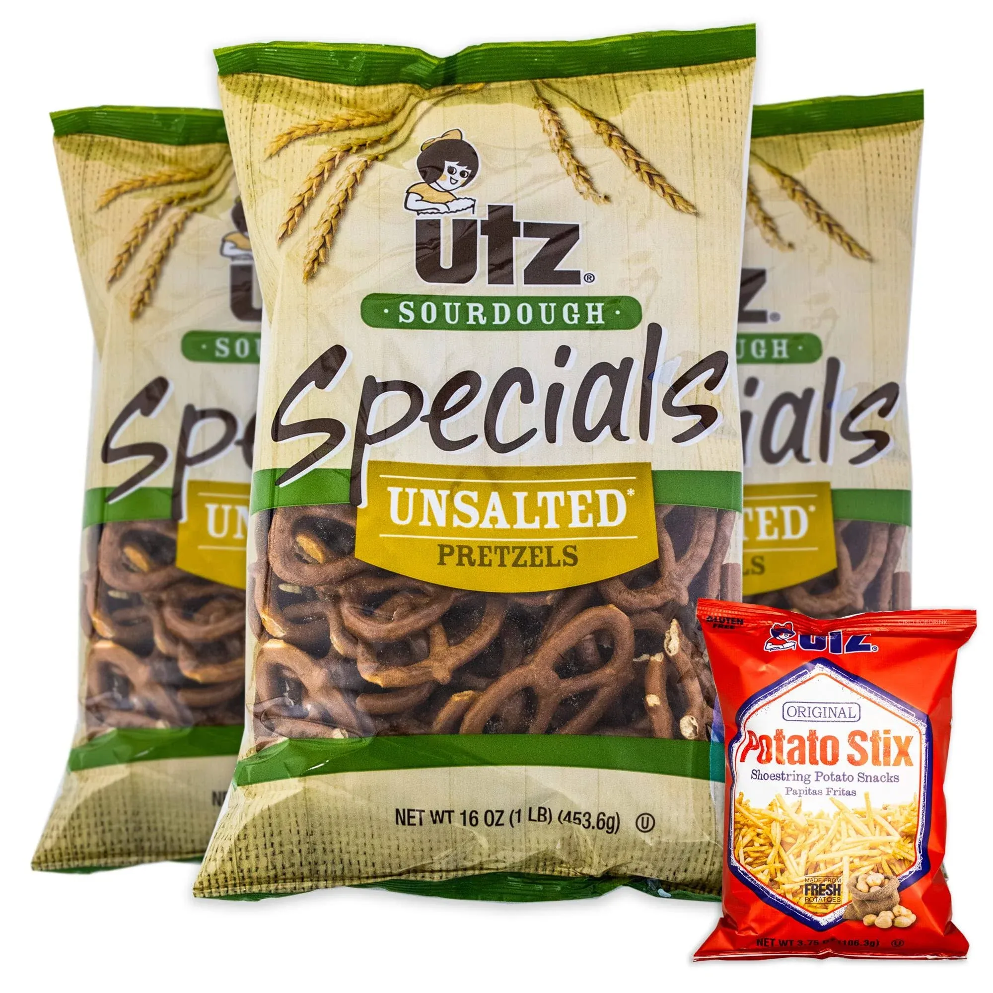 Circle of Drink Utz Sourdough Specials Unsalted Pretzels (3, 16oz Bags) - Variety Pack - Utz Potato Stix (1, 3.75oz Bag) - Delicious, Crunchy, Gourmet