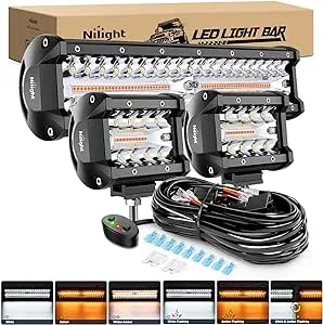 Nilight 12Inch 300W LED Light Bar 2PCS 4Inch 60W Light Pods Amber White Strobe 6 Modes Memory Function Reset Function Off Road Truck with 16AWG Wiring Harness Kit-3 Leads