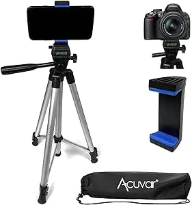 Acuvar 50" Smartphone, Camera & Camcorder Tripod with Phone Mount to Fit All Phones, iPhone & All Samsung Galaxy Android & Nikon Canon Sony Olympus Fuji Cameras & Much More with Carrying Bag