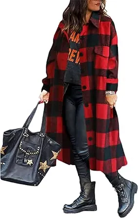 UANEO Womens Casual Plaid Button Down Long Puff Sleeve Long Trench Coats Shacket