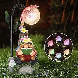 Garden Gnomes Statue Decor, with Colorful Gradient Solar LED Lights Decoration for Outdoor Patio Balcony Yard Lawn Ornament Gift(Red)