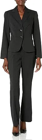 Le Suit Black Women's Two-Button Pin Stripe Straight-Leg Pantsuit, US 8