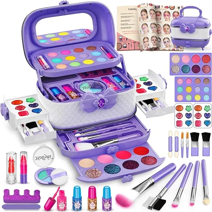 Hollyhi Kids Makeup Kit for Girl, Washable Makeup Set Toy with Real Cosmetic Case for Little Girl, Pretend Play Makeup Beauty Set Birthday Toys Gift for 3 4 5 6 7 8 9 10 Years Old Kid (Purple)