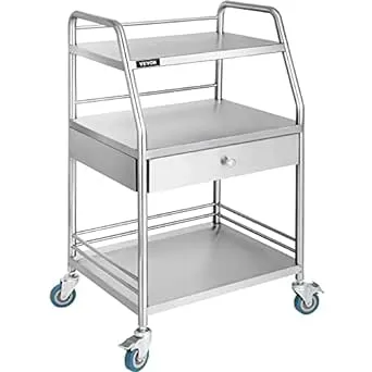 VEVOR Utility Cart with 3 Shelves Shelf Stainless Steel with Wheels Rolling Cart Commercial Wheel Dental Lab Cart Utility Services (3 Shelves/ 1 Drawer)