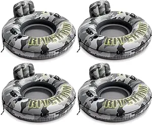 Intex 56835EP River Run I Camo Inflatable Floating Towable Water Tube Raft with Cup Holders and Handles for River, Lake, or Pools, Gray Camo (4 Pack)