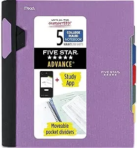 Five Star Spiral Notebook + Study App, 5 Subject, College Ruled Paper, Advance Notebook with Spiral Guard, Movable Tabbed Dividers and Expanding Pockets, 8-1/2" x 11", 200 Sheets, Purple (820013G)