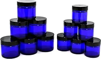 Combination 12 Pack of Cobalt Blue 1oz & 2oz Glass Straight Sided Jars, Lids Included; Empty Refillable Containers for Cosmetics, Creams, Lotions