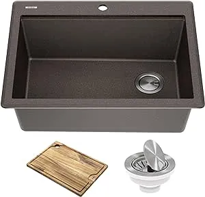 KRAUS Bellucci 18-inch Granite Composite Workstation Drop-In Top Mount Single Bowl Kitchen Bar Sink in Metallic Black with Accessories, KGTW12-18MBL