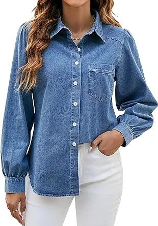 BMJL Womens Denim Shirt Business Casual Button Down Work Blouses Puff Sleeve Summer Tops