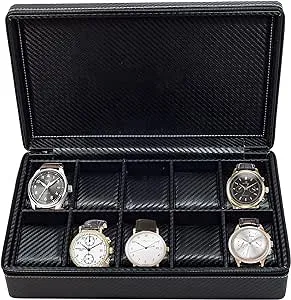 10 Watch Briefcase Black Carbon Fiber Zippered Travel Storage Case 50MM Father's Day