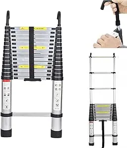 Extension Ladder 14.4 FT Telescoping Ladder with 2 Detachable Hooks &amp; Rubber Fee