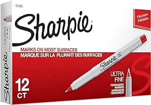 SHARPIE 37002 Permanent Markers, Ultra Fine Point, Red, 12 Count