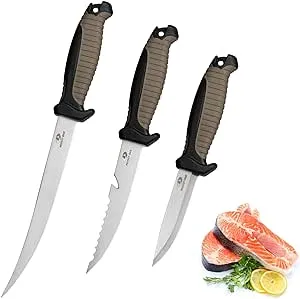 Mossy Oak 3-Piece Fishing Fillet Knife Set with Protective Sheath, Stainless Steel Filet Knives with Non-Slip Handle, Bait Knife for Filleting and Boning, Perfect for Fresh or Saltwater (Brown)