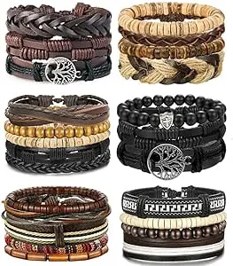 LOLIAS 4-24 Pcs Woven Leather Bracelet for Men Women Cool Leather Wrist Cuff Bracelets Adjustable Style A, Men's, Size: One size, Grey Type