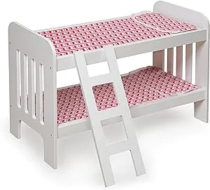 Badger Basket Toy Doll Bunk Bed with Chevron Bedding and Ladder for 20 inch Dolls - White/Pink