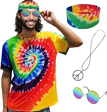 Hippie Costume for Men Women 60s and 70s colorful T-shirt sunglasses headband Peace necklace 4-piece theme party