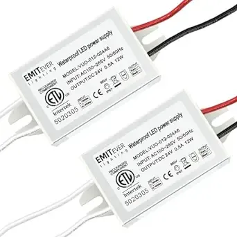 EMITEVER 24Volt LED Power Supply Driver 12W 2-Pack, ETL Listed Waterproof IP67 Low Voltage Transformer, 120V AC to 24V DC Converter for LED Strip, Spotlight Cabinet Tape Lights and Outdoor Lighting