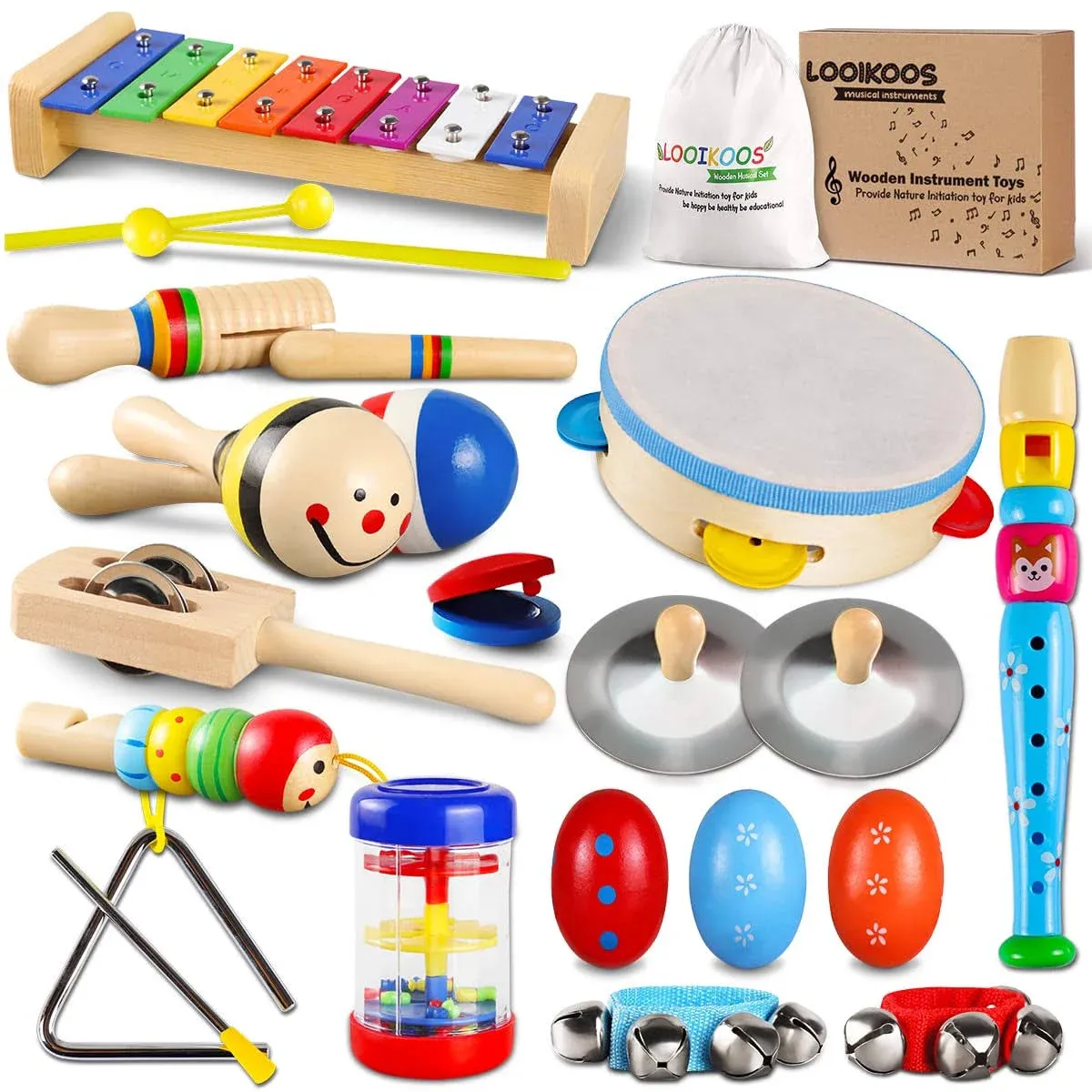 Looikoos Toddler Musical Instruments Set Wooden Percussion Instruments Toy for Kids Baby Preschool Educational Musical Toys for