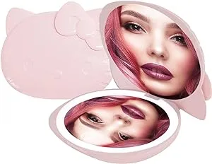 Impressions Vanity Hello Kitty Kawaii Compact Mirror Travel Makeup Mirror with Lights (Matte Pink)