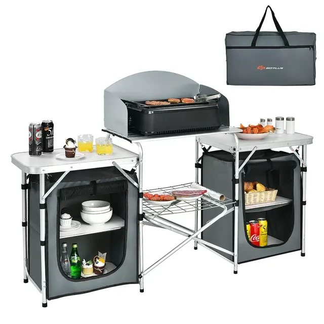 Costway Folding Portable Aluminum Camping Grill Table w/ Storage Organizer Windscreen Grey