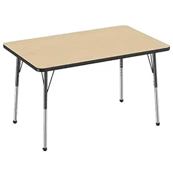 FDP Rectangle Activity School and Office Table (30 x 48 inch), Standard Legs with Ball Glides, Adjustable Height 19-30 inches - Maple Top and Black Edge