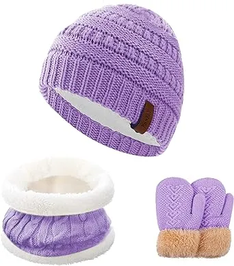 3Pcs Kids Winter Beanie Hat Scarf Gloves Set for 2-6-10-14 Years Old Boys Girls, Knit Thick Warm Fleece Lined Thermal Sets